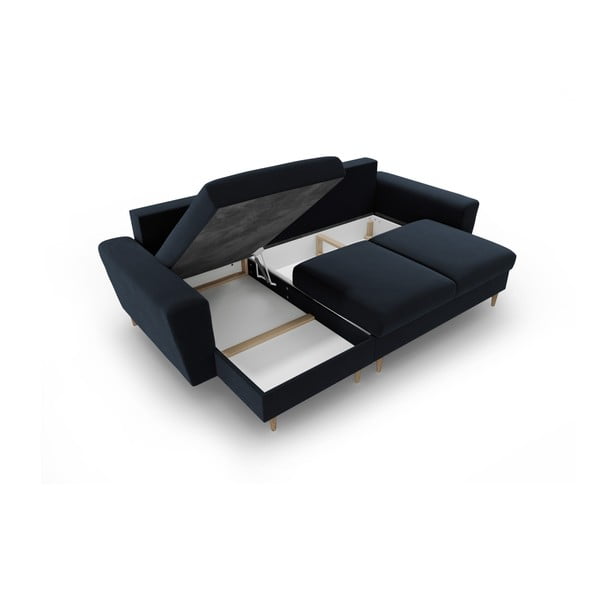 Temno modra žametna raztegljiva kotna sedežna garnitura s prostorom za shranjevanje Kyoto – Cosmopolitan Design-image-3