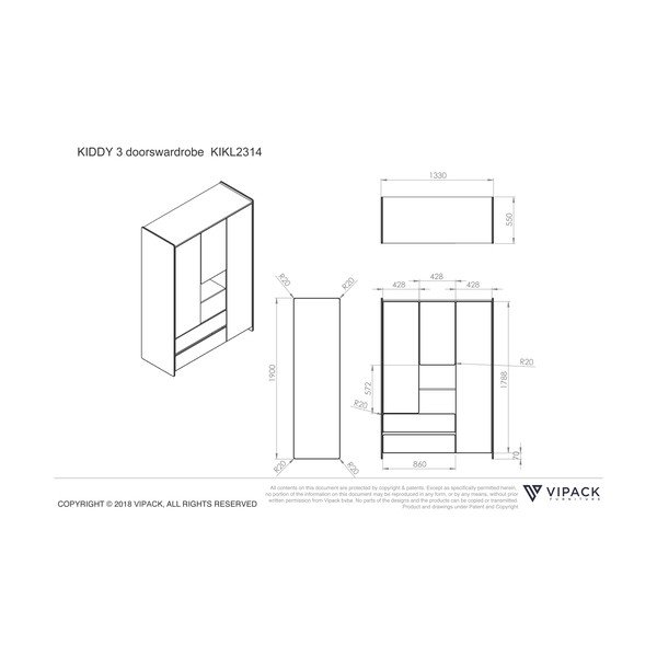 Bela otroška omara Vipack Kiddy, 137,8 x 190 cm-image-4