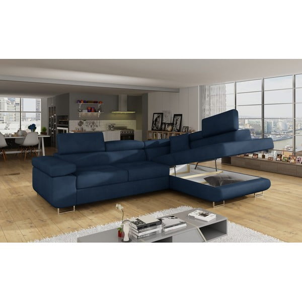 Modra žametna raztegljiva/s prostorom za shranjevanje kotna sedežna garnitura (desni kot/v obliki črke L) Anton – ELTAP-image-4