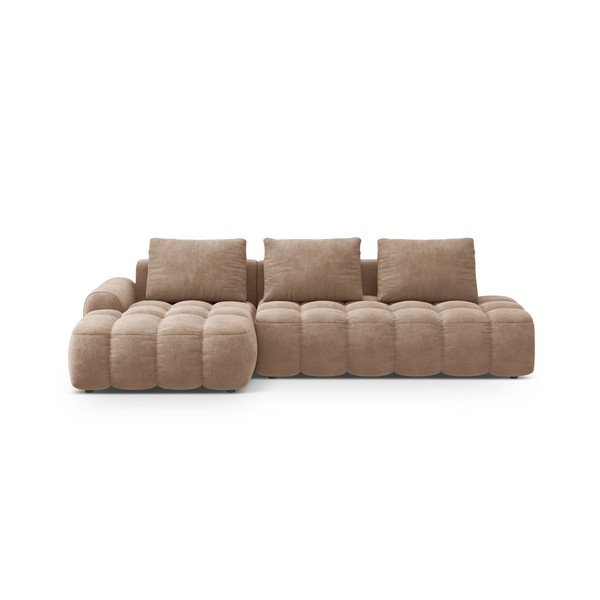 Svetlo rjava žametna raztegljiva/s prostorom za shranjevanje kotna sedežna garnitura (levi kot/z ležalnikom) Linz – Cosmopolitan Design