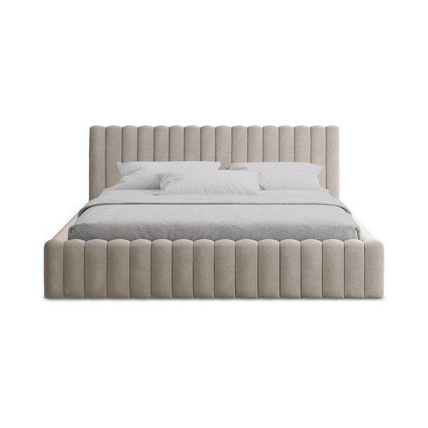 Sivorjava oblazinjena zakonska postelja s prostorom za shranjevanje z letvenim dnom 140x200 cm Lemi – Makamii-image-4