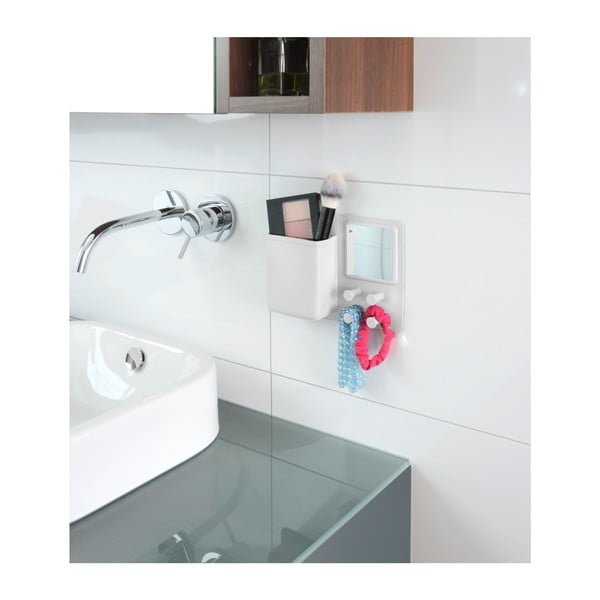 Bel silikonski stenski organizator z obešalniki in ogledalom Wenko Ampio-image-4