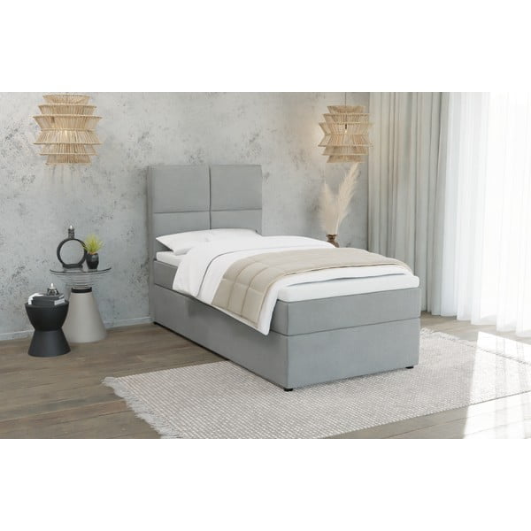 Svetlo siva oblazinjena postelja s prostorom za shranjevanje z letvenim dnom 90x200 cm Lena – Ropez-image-1
