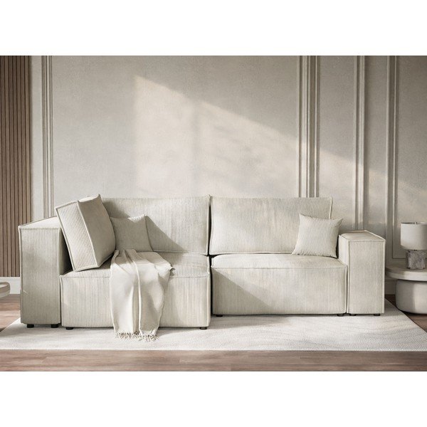 Kremno bela raztegljiva/s prostorom za shranjevanje kotna sedežna garnitura iz rebrastega žameta (levi kot/v obliki črke L) Tonga – Maison de Rêve-image-1