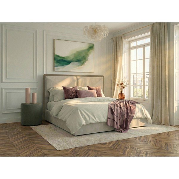 Bež/sivorjava oblazinjena zakonska postelja s prostorom za shranjevanje z letvenim dnom 180x200 cm Mara – Bobochic Paris-image-1