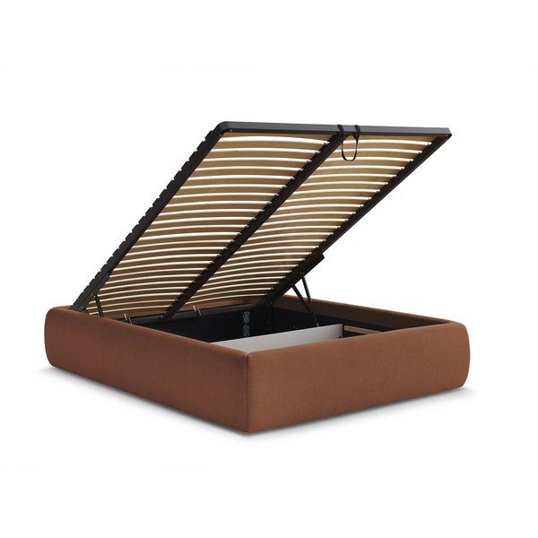 Oranžna oblazinjena zakonska postelja s prostorom za shranjevanje brez vzglavja z letvenim dnom 160x200 cm Inera – Bobochic Paris-image-3