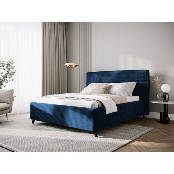 Temno modra oblazinjena zakonska postelja s prostorom za shranjevanje in letvenim dnom 160x200 cm Malou – Milo Casa-image-1