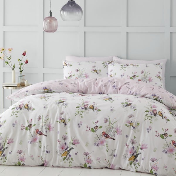 Bela/rožnata posteljnina za zakonsko posteljo 200x200 cm Songbird – Catherine Lansfield