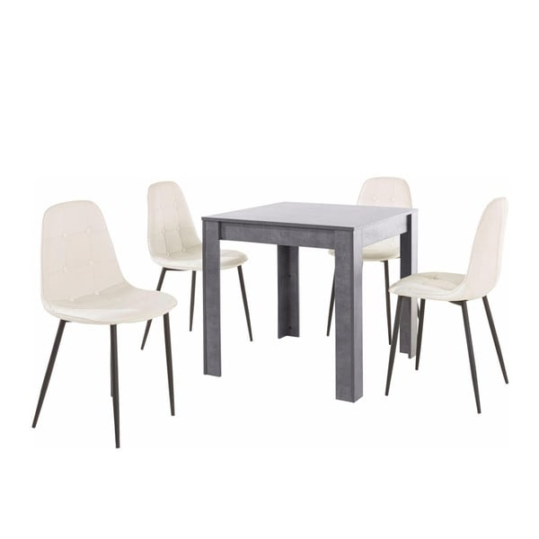 Garnitura sive jedilne mize in 4 belih jedilnih stolov Støraa Lori Lamar Duro