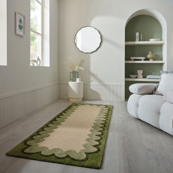 Zelen/v naravni barvi ročno tkan volnen tekač 80x230 cm Wiggle Wool – Flair Rugs-image-1