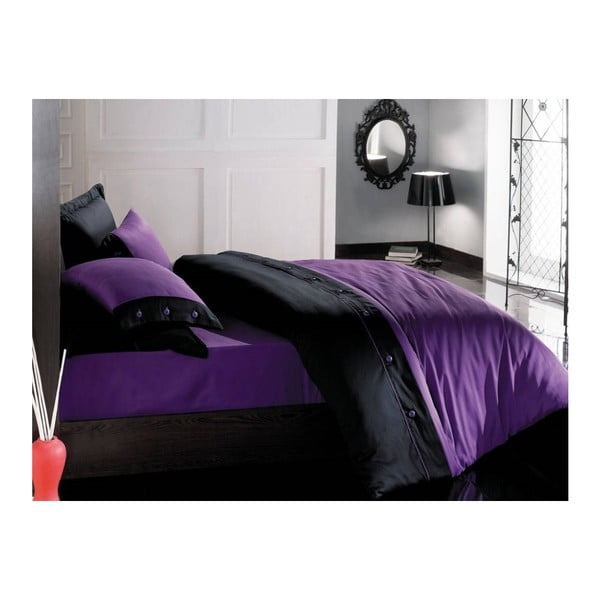 Črna in vijolična bombažna satenirana posteljnina z rjuho za zakonsko posteljo Prevleka, 200 x 220 cm