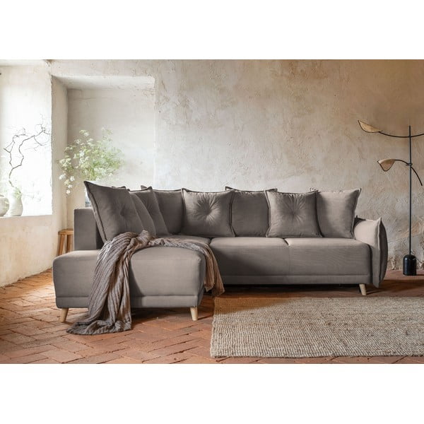 Svetlo rjava raztegljiva kotna sedežna garnitura iz rebrastega žameta (levi kot) Lazy Lukka – Miuform-image-1