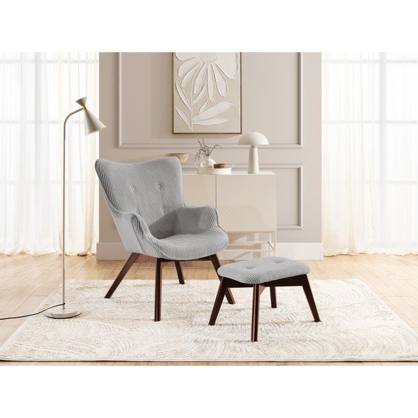 Siv fotelj z naslonjalom za noge iz rebrastega žameta Niko – Ropez-image-1