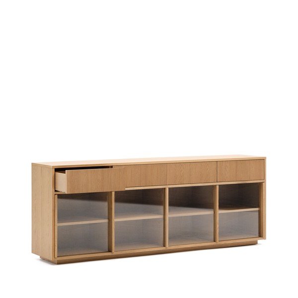 Vitrina v hrastovem dekorju z drsnimi vrati v naravni barvi 200x80x40 cm Helvine – Kave Home-image-3