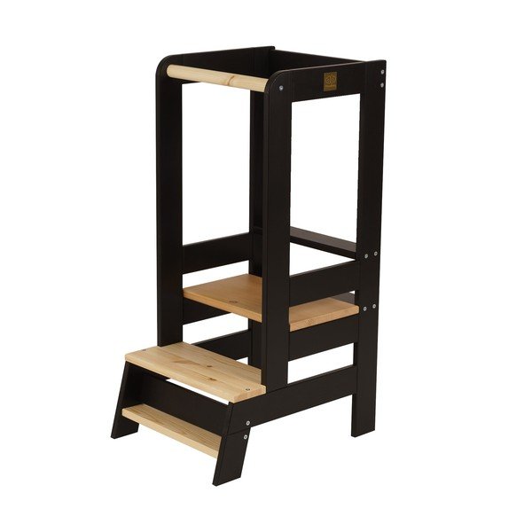 Stolček pomagalček iz masivnega bora v črni in naravni barvi Montessori – Meowbaby