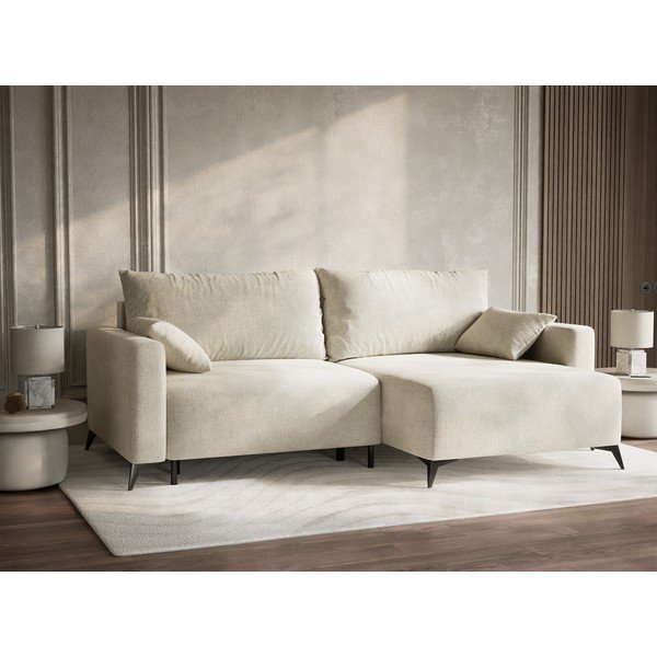 Kremno bela raztegljiva/s prostorom za shranjevanje kotna sedežna garnitura iz šenilje (desni kot/z ležalnikom) Leon – Maison de Rêve-image-4