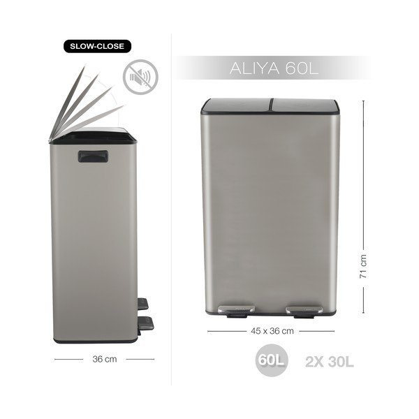 Sivorjav jeklen koš za smeti za ločevanje odpadkov s pedalom 2x30 l Aliya – Spirella-image-3