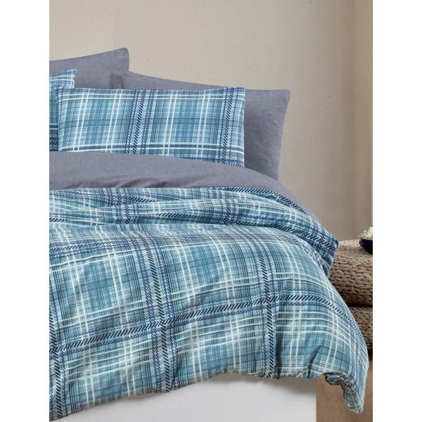 Modra posteljnina za zakonsko posteljo/podaljšana z rjuho/4-delna 200x220 cm Ekose – Mila Home-image-3