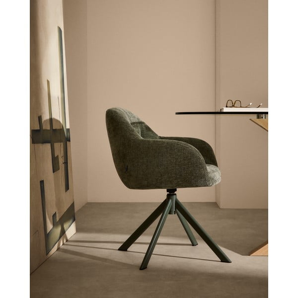 Temno zelen oblazinjen jedilni stol z nasloni za roke Dorina – Kave Home-image-1