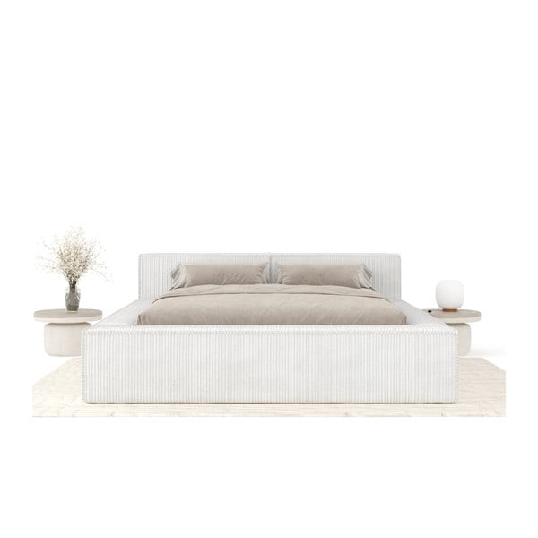 Kremno bela oblazinjena zakonska postelja s prostorom za shranjevanje z letvenim dnom 140x200 cm Voliera – Maison de Rêve-image-3