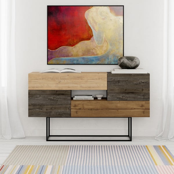 Rjava/naravna nizka komoda v hrastovem dekorju 145x82 cm Titan – Marckeric-image-2