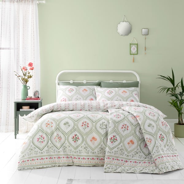 Zelena/kremno bela posteljnina za zakonsko posteljo 200x200 cm Cameo Floral – Catherine Lansfield