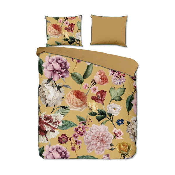 Oker rumena podaljšana posteljnina za zakonsko posteljo iz bombažnega satena 240x220 cm Fiori – Descanso