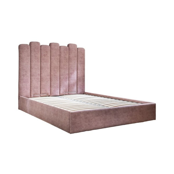 Roza oblazinjena zakonska postelja s prostorom za shranjevanje in letvenim dnom 140x200 cm Dreamy Aurora - Miuform