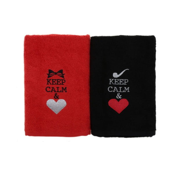 Komplet 2 črno-rdečih bombažnih brisač Keep Calm, 50 x 90 cm
