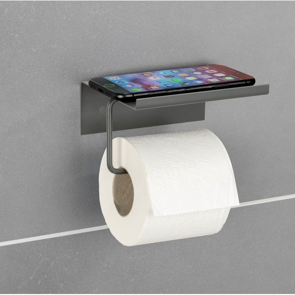 Antracitno sivo kovinsko držalo za toaletni papir z namestitvijo brez vrtanja in s polico Desulo – Wenko-image-1