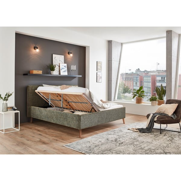 Temno zelena oblazinjena zakonska postelja s prostorom za shranjevanje z letvenim dnom 160x200 cm Riva – Meise Möbel-image-3