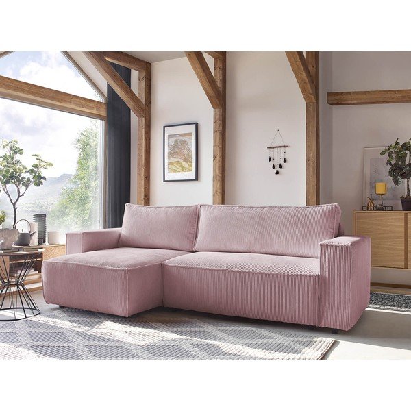 Svetlo rožnata raztegljiva kotna sedežna garnitura iz rebrastega žameta (s kotom po izbiri) Nihad – Bobochic Paris-image-1