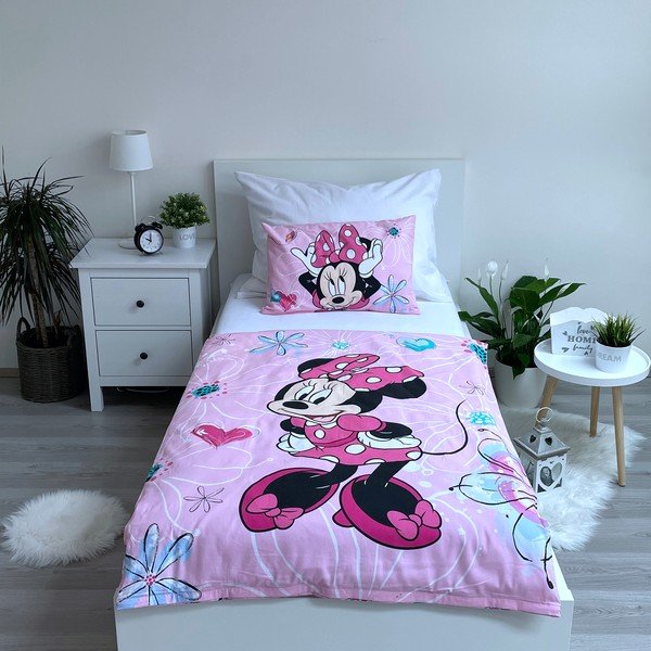 Rožnata bombažna otroška posteljnina za otroško posteljico 100x135 cm Minnie Flowers  – Jerry Fabrics-image-1