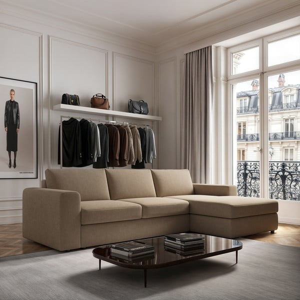 Svetlo rjava žametna kotna sedežna garnitura (desni kot/z ležalnikom) Baga – Rodier-image-1