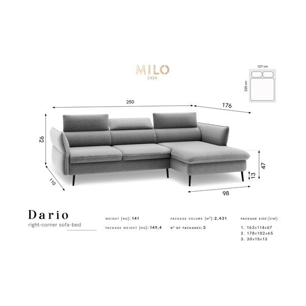 Modra raztegljiva sedežna garnitura s prostorom za shranjevanje Milo Casa Dario, desni kot-image-2