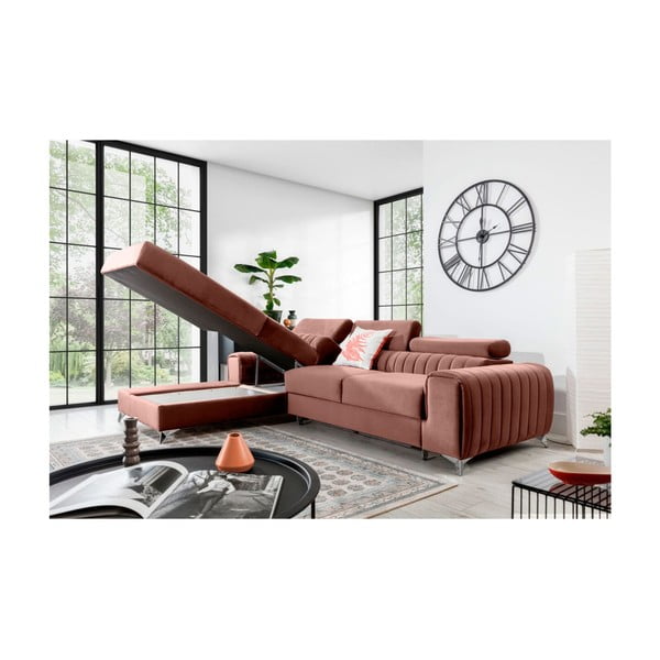 Rožnata žametna raztegljiva/s prostorom za shranjevanje kotna sedežna garnitura (levi kot/z ležalnikom) Grayson – ELTAP-image-3