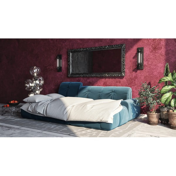 Temno modra žametna kotna raztegljiva sedežna garnitura Devichy Tous, levi kot-image-1