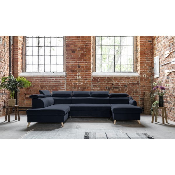 Temno modra žametna raztegljiva kotna sedežna garnitura (levi kot/v obliki črke "U") Sweet Harmony – Miuform-image-1