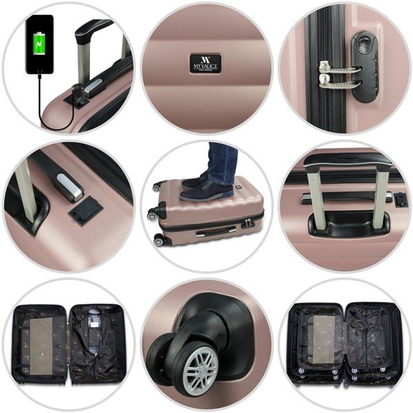 Komplet 3 rdečih potovalnih kovčkov na kolesih s priključki USB in kovčkom za ročno prtljago My Valice RESSO Travel Set-image-4