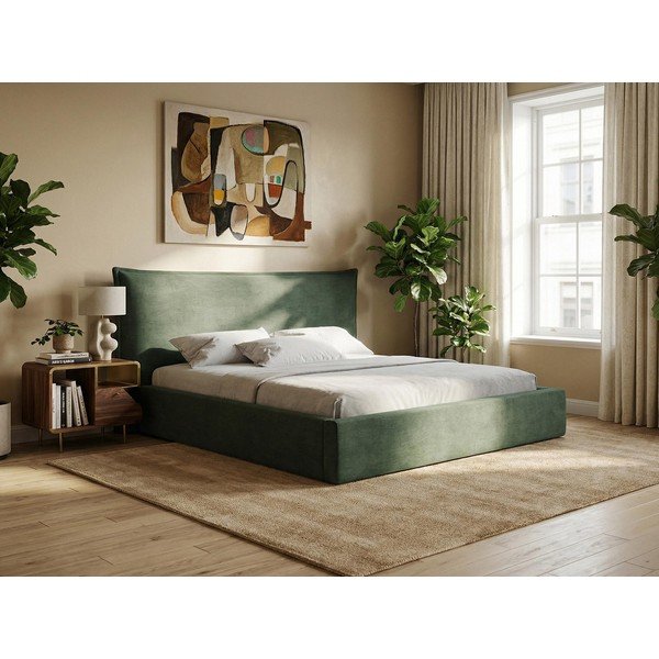 Modra oblazinjena zakonska postelja s prostorom za shranjevanje z letvenim dnom 160x200 cm Esala – Makamii-image-1