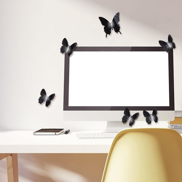Komplet 12 črnih 3D nalepk Ambiance Wall Butterflies