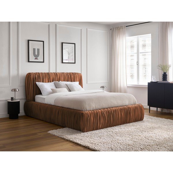 Oranžna oblazinjena zakonska postelja s prostorom za shranjevanje in letvenim dnom 160x200 cm Blair – Bobochic Paris-image-1