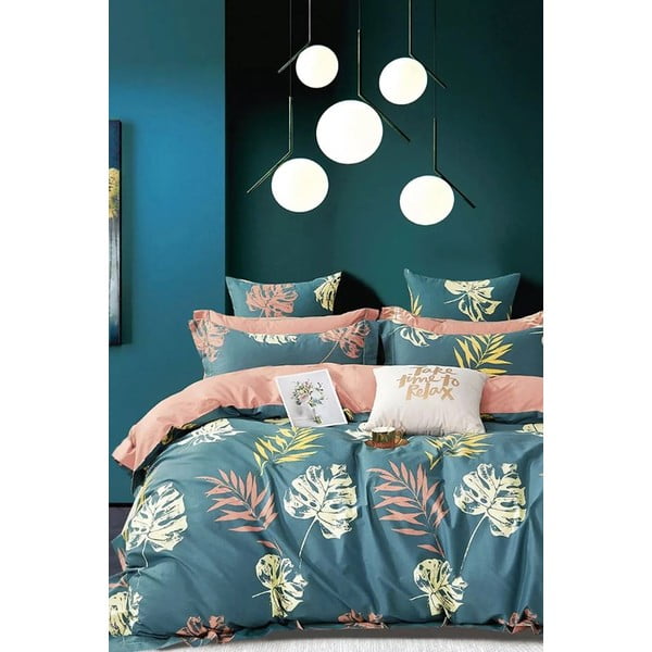 Modrozelena podaljšana posteljnina za zakonsko posteljo z rjuho 200x220 cm Leaf – Mila Home