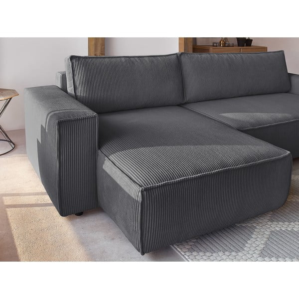 Temno siva raztegljiva kotna sedežna garnitura iz rebrastega žameta (s kotom po izbiri) Nihad – Bobochic Paris-image-1