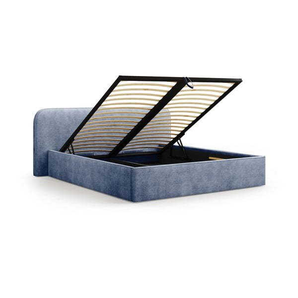 Temno modra oblazinjena zakonska postelja s prostorom za shranjevanje in z letvenim dnom 200x200 cm Elizabeth – Micadoni -image-2