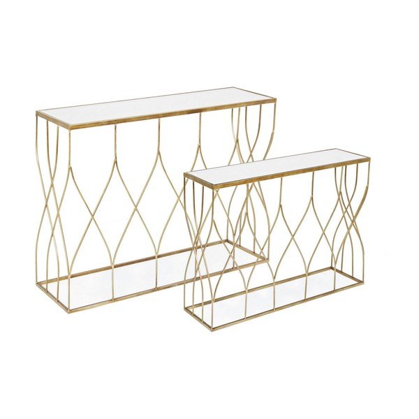 Stranske mizice v kompletu 2 ks s stekleno mizno ploščo v zlati barvi 33x104 cm Elenor – Bizzotto-image-2