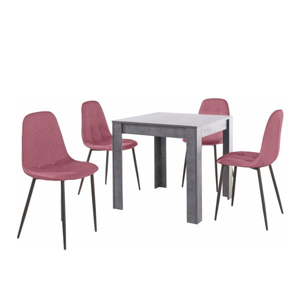 Garnitura sive jedilne mize in 4 roza jedilnih stolov Støraa Lori Lamar Duro