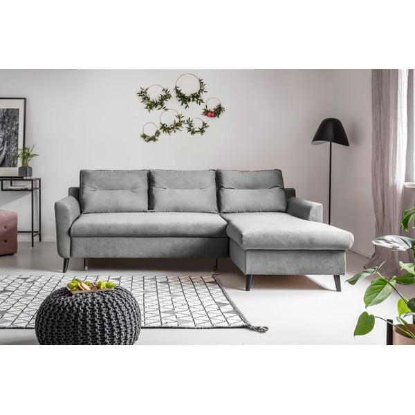 Svetlo siva žametna kotna raztegljiva sedežna garnitura Miuform Stylish Stan, desni kot-image-1