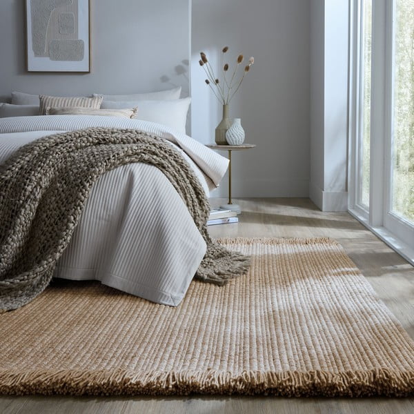Bež ročno tkana preproga iz mešanice volne 120x170 cm Rene Fringed Ribbed – Flair Rugs-image-1