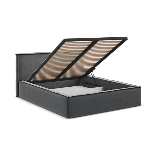 Temno siva oblazinjena zakonska postelja s prostorom za shranjevanje z letvenim dnom 160x200 cm Anani – Makamii-image-2